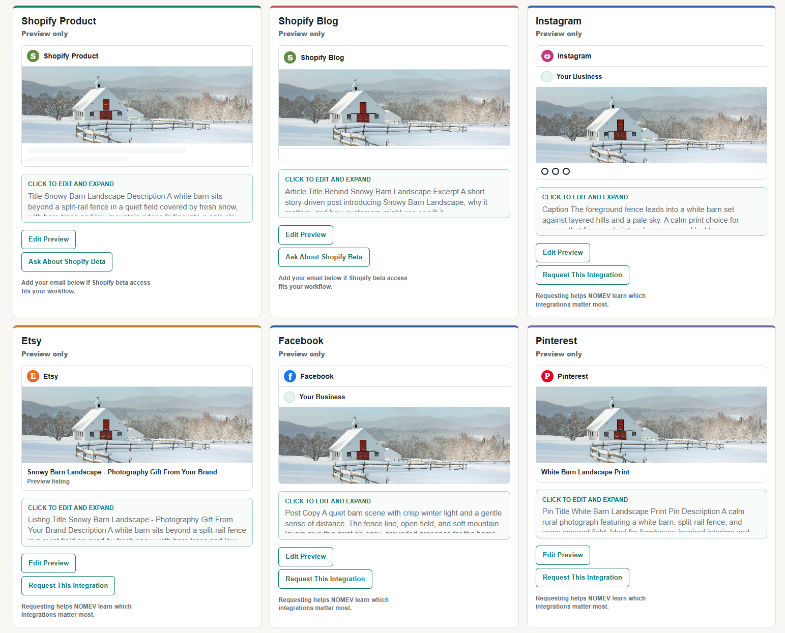NOMEV review screen showing generated cards for Shopify, Instagram, Etsy-ready drafts, Facebook, Pinterest, and blog content.
