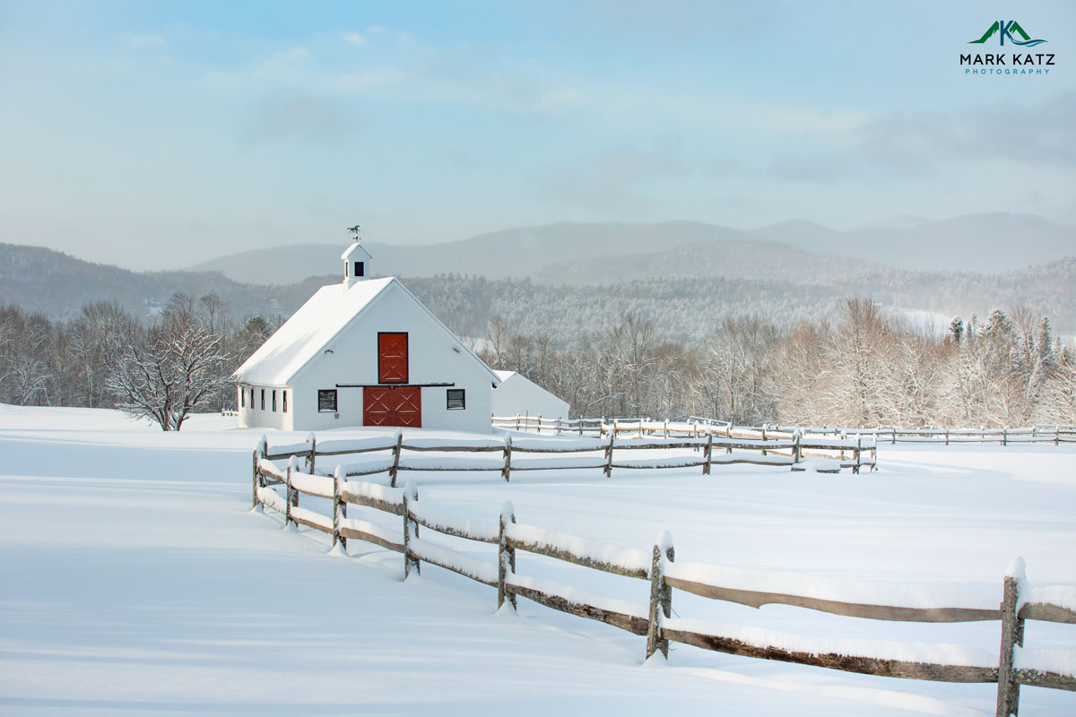 Snow-covered barn photograph used as a NOMEV example input.